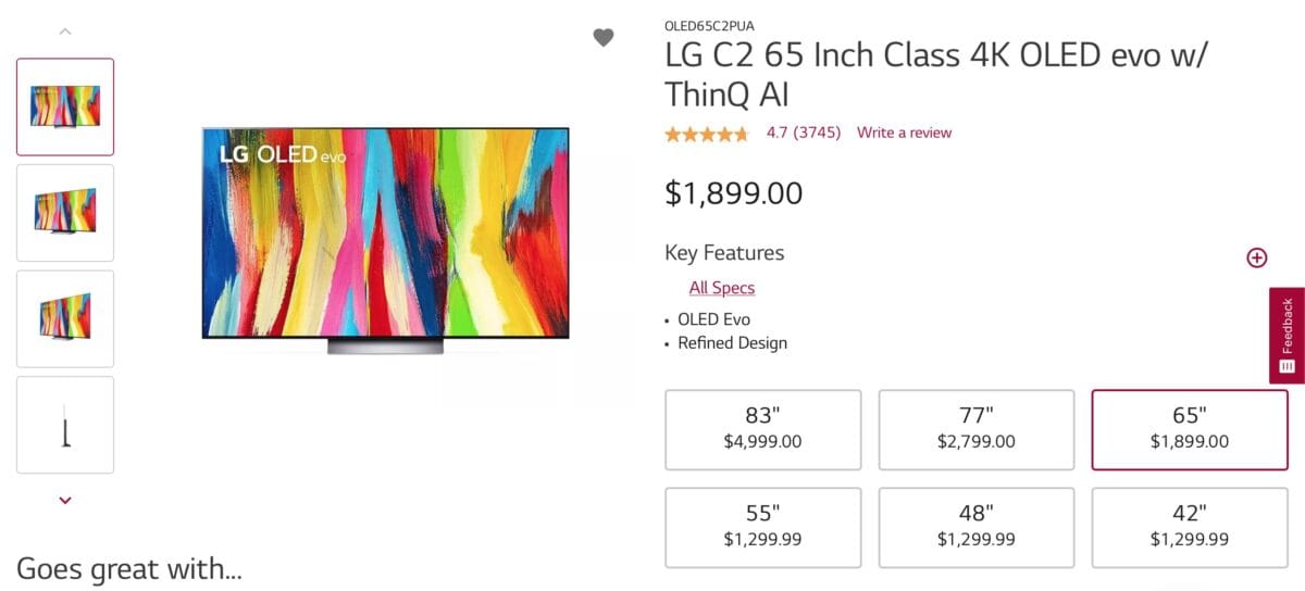 LG C2 TV listed on LG website with prices.