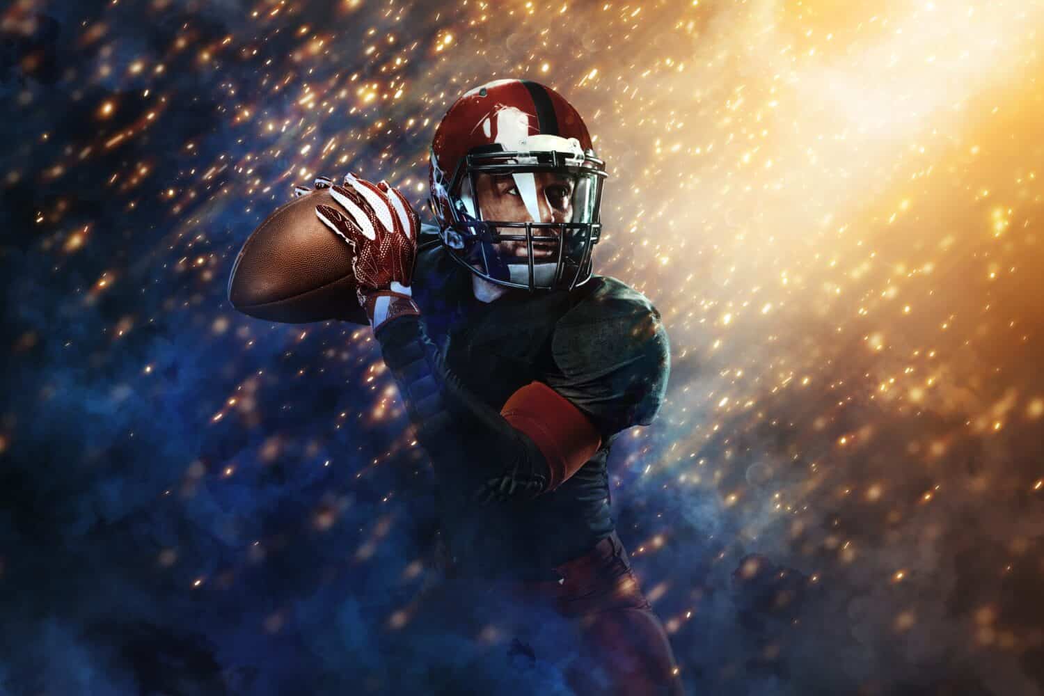 American football player, athlete sportsman on golden background. Super Bowl.