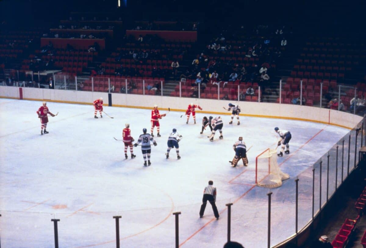 United States and Soviet Union hockey players at the 1980 Winter Olympics
