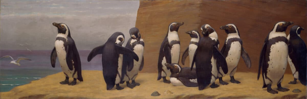 An oil painting of penguins.