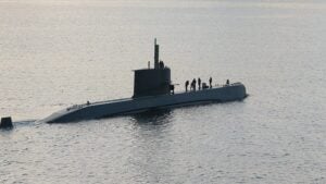 Italian Naval submarine ship on her way back from Sea Trial in Augusta, Sicily, Italy