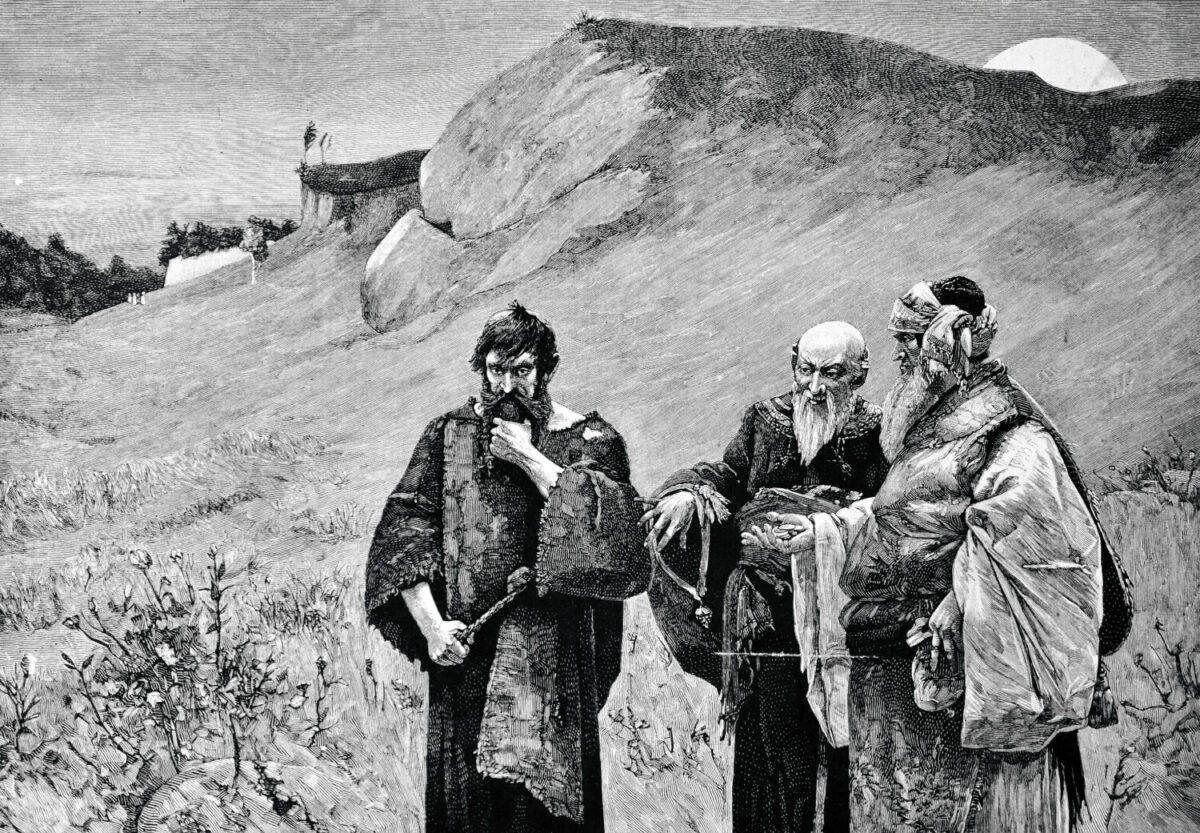 Judas Iscariot. Engraving by Shyubler from picture by PrÃ?Â¶ll. Published in magazine "Niva", publishing house A.F. Marx, St. Petersburg, Russia, 1888