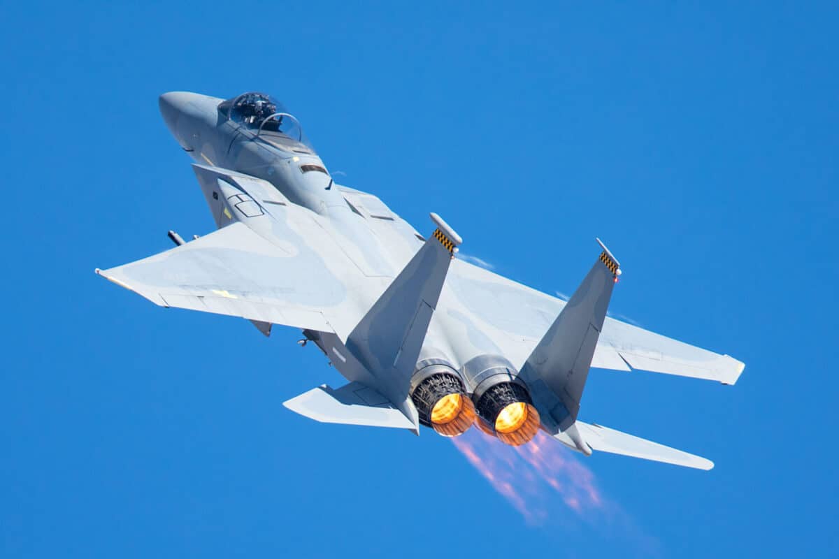 F-15 Eagle in a very close view, with afterburners on