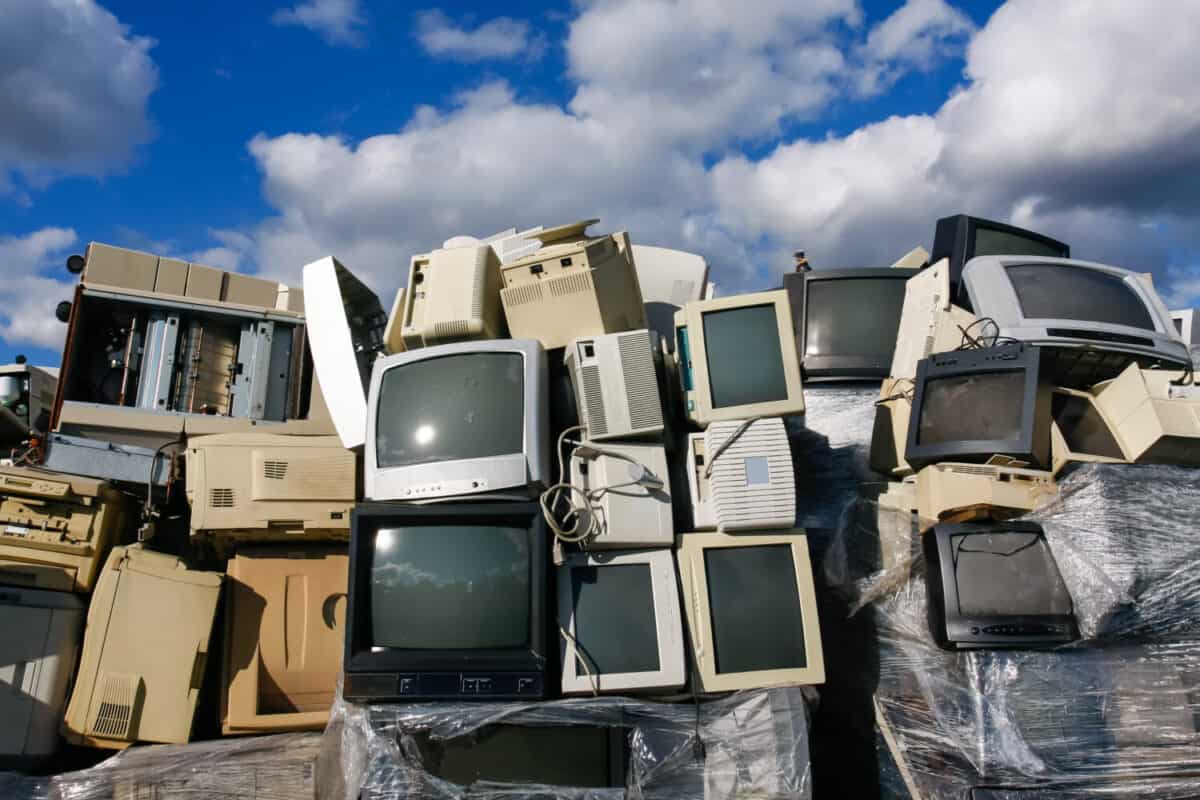 Junked crts computer monitors, tvs and old printers for recycling or safe disposal recycling, any logos and brand names have been removed. Great for recycle and environmental themes.