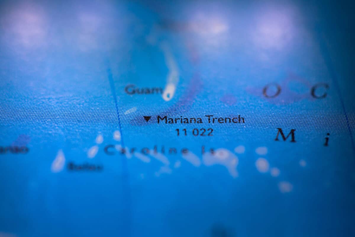 Geographical map location of Mariana Trench off coast of Philippines Pacific Ocean on atlas