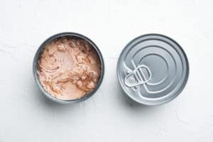 Canned Albacore Wild Tuna set, in tin can, on white background, top view flat lay