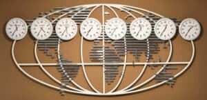 Time zone clocks showing different times