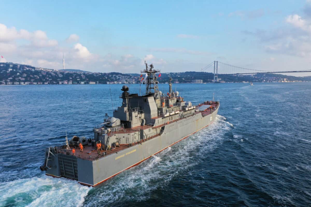 Russian Navy Ship transits Istanbul Strait toward Mediterranean in Istanbul, Turkey. On the Ship, its name is written in Russian as "Alexander Otrakovsky"