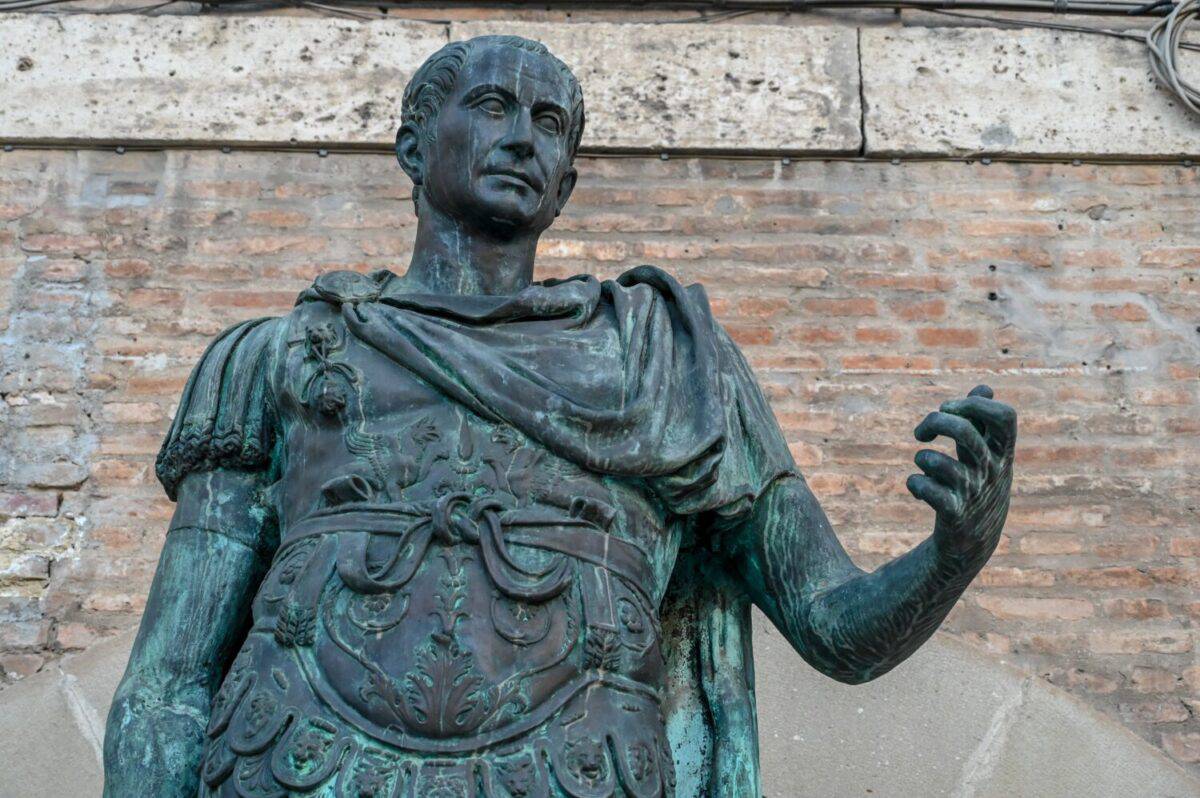 Bronze statue of Julius Caesar in city centre. Julius Caesar was a Roman politician, general, writer and dictator of Roman empire.