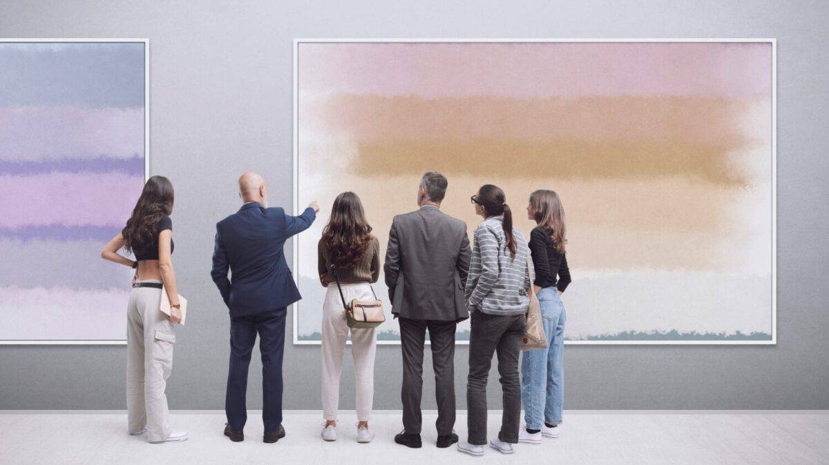 People in the art gallery looking at paintings, abstract contemporary art concept