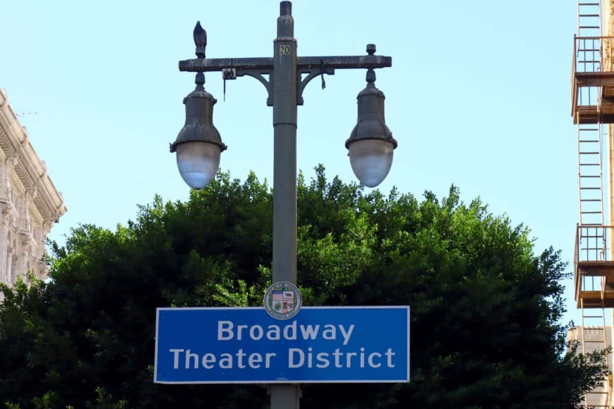 Los Angeles, California – October 11, 2023: Broadway Theater District sign. The Broadway Theater District in the Historic Core of Downtown Los Angeles with twelve Theater palaces.