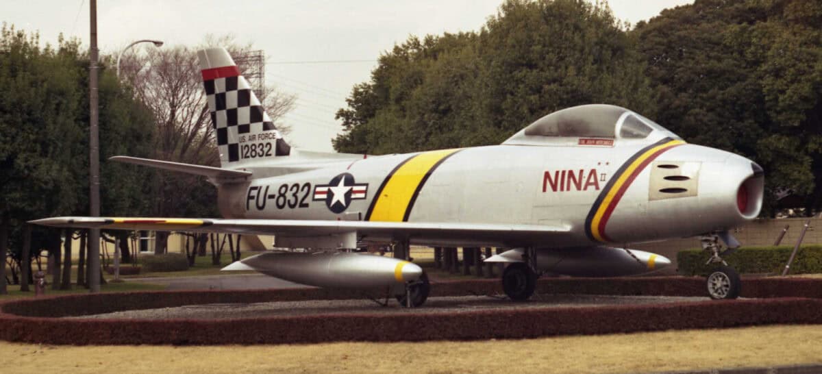 F86 Sabre fighter jet "Nina", on display at Yokota Air Base, outside of Tokyo, Japan. This jet was flown in combat during the Korean War.