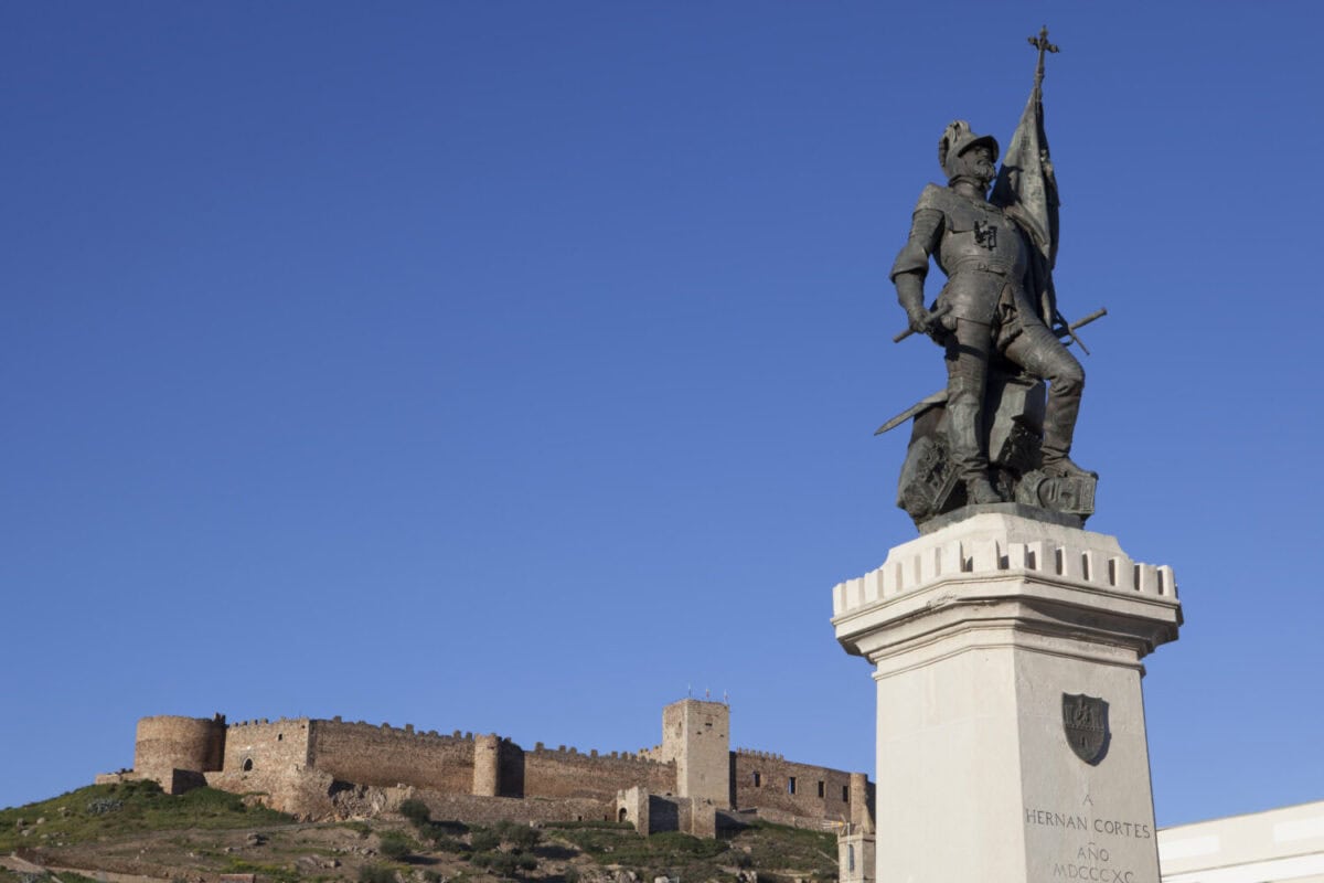 Statue of Hernan Cortes and Medellin Castle, Spain