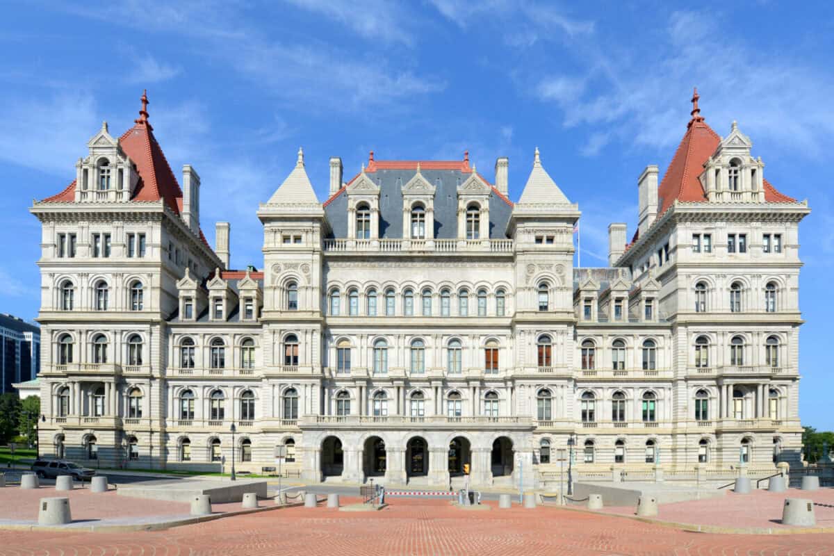 New York State Capitol building in downtown Albany, New York NY, USA. This building was built with Romanesque Revival and Neo-Renaissance style in 1867.