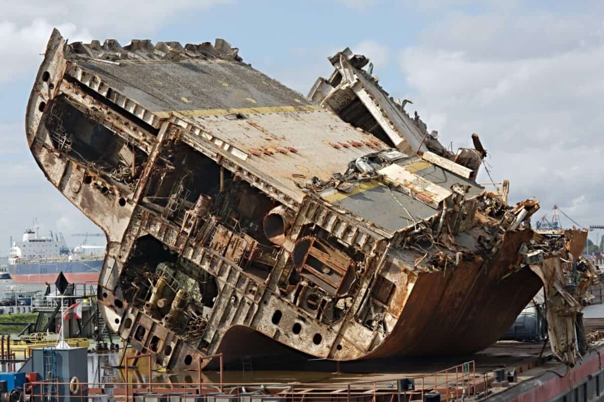 Huge ship wreck in industrial dock