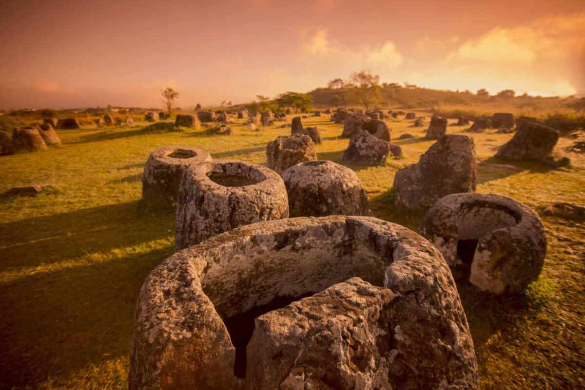 the plain of jars sit1 in the morning near the town of Phonsavan in the province Xieng Khuang in north Lao in southeastasia.