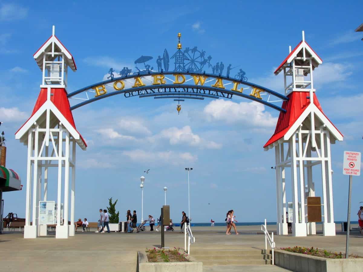 The famous public BOARDWALK sign located at the main entrance of the boardwalk in Ocean City, Maryland.