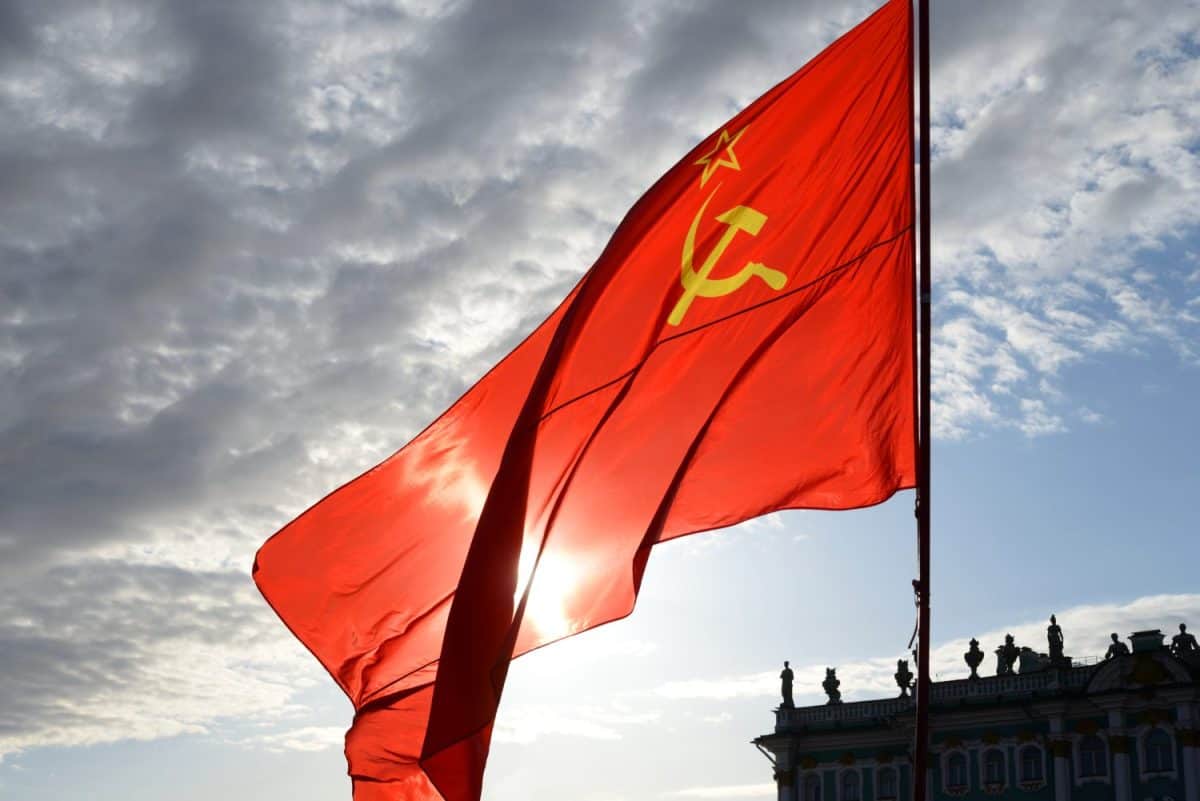 Red soviet flag waving in the wind.