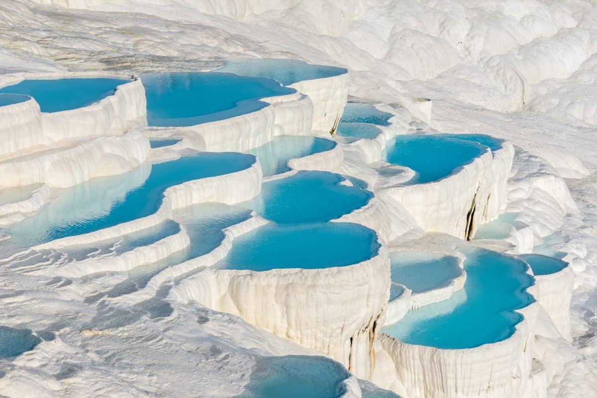 Natural travertine pools and terraces in Pamukkale. Cotton castle in southwestern Turkey