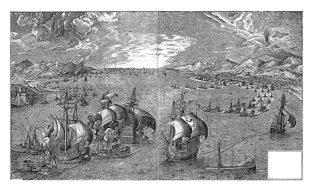 A naval battle in the Strait of Messina. Sailing ships and galleys battle in the foreground. On the left is the city of Reggio and on the right is the city of Messina.