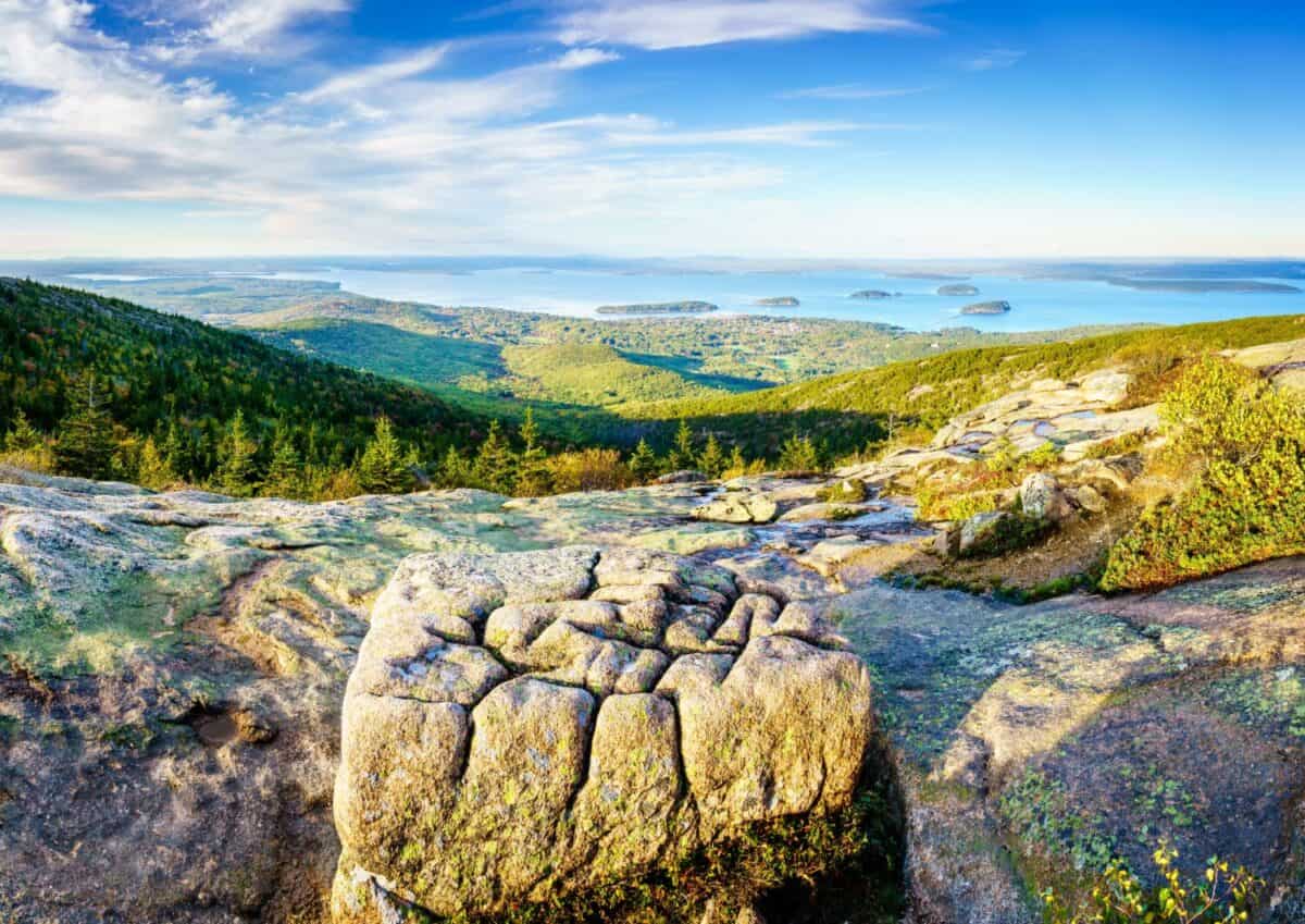 Beautiful view to Bar Harbor and nearby islands from Cadillac Mountain in Acadia National Park