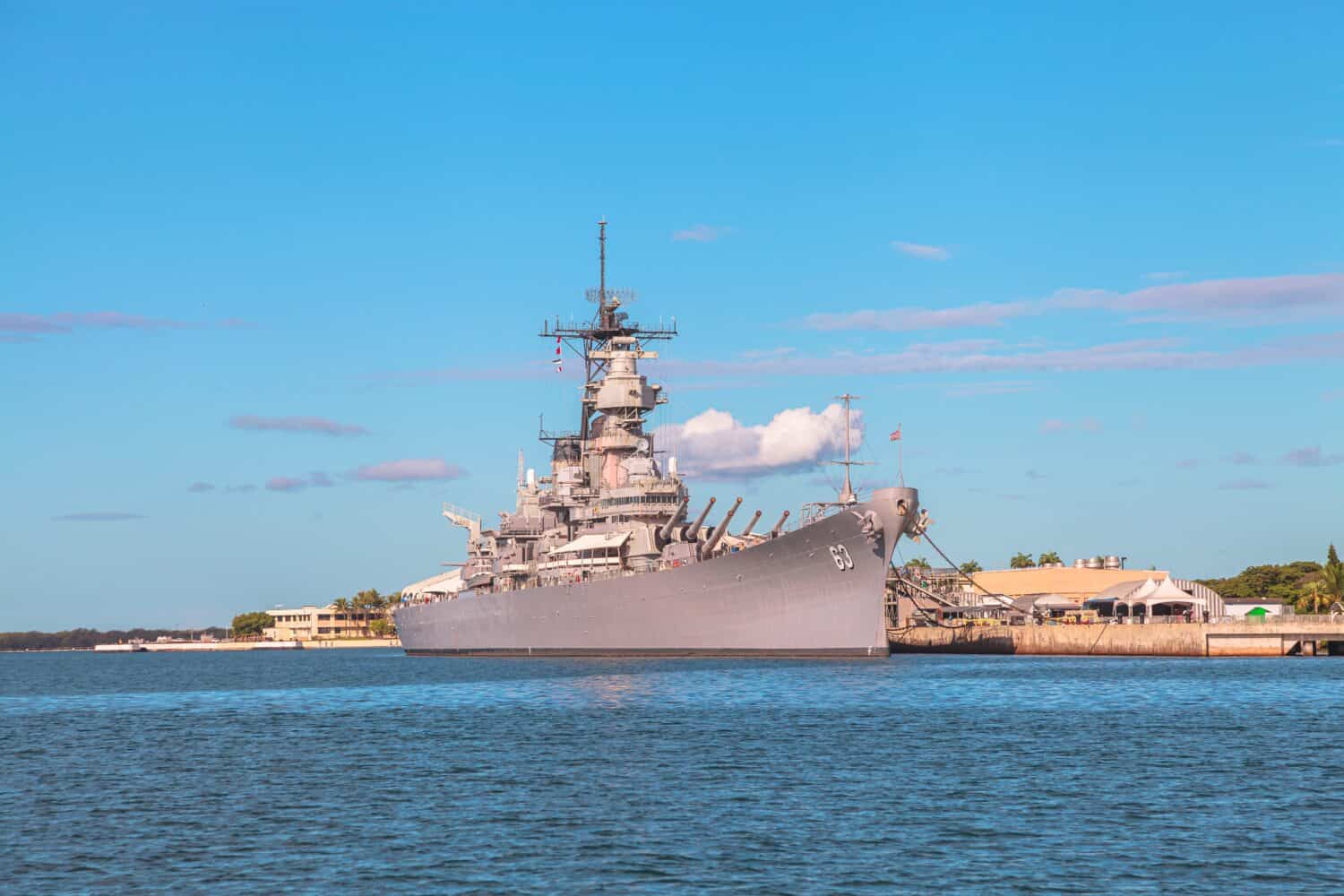 Battleship Missouri BB 63 Memorial view from USS Arizona BB 39 Memorial at Pearl Harbor. National historic landmark. Patriotic concept. HONOLULU, OAHU, HAWAII, UNITED STATES.