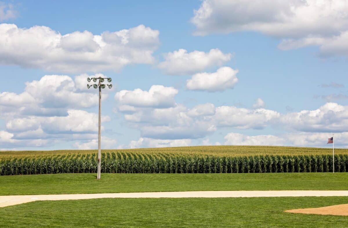 Field of Dreams baseball field in summertime, with cornfield and outdoor light pole. July 30, 2022, Dyersville, IA USA