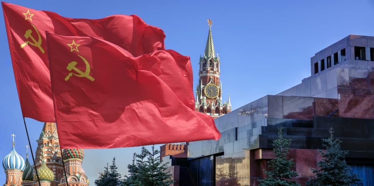 The flag of the Soviet Union (USSR) waving in the wind.