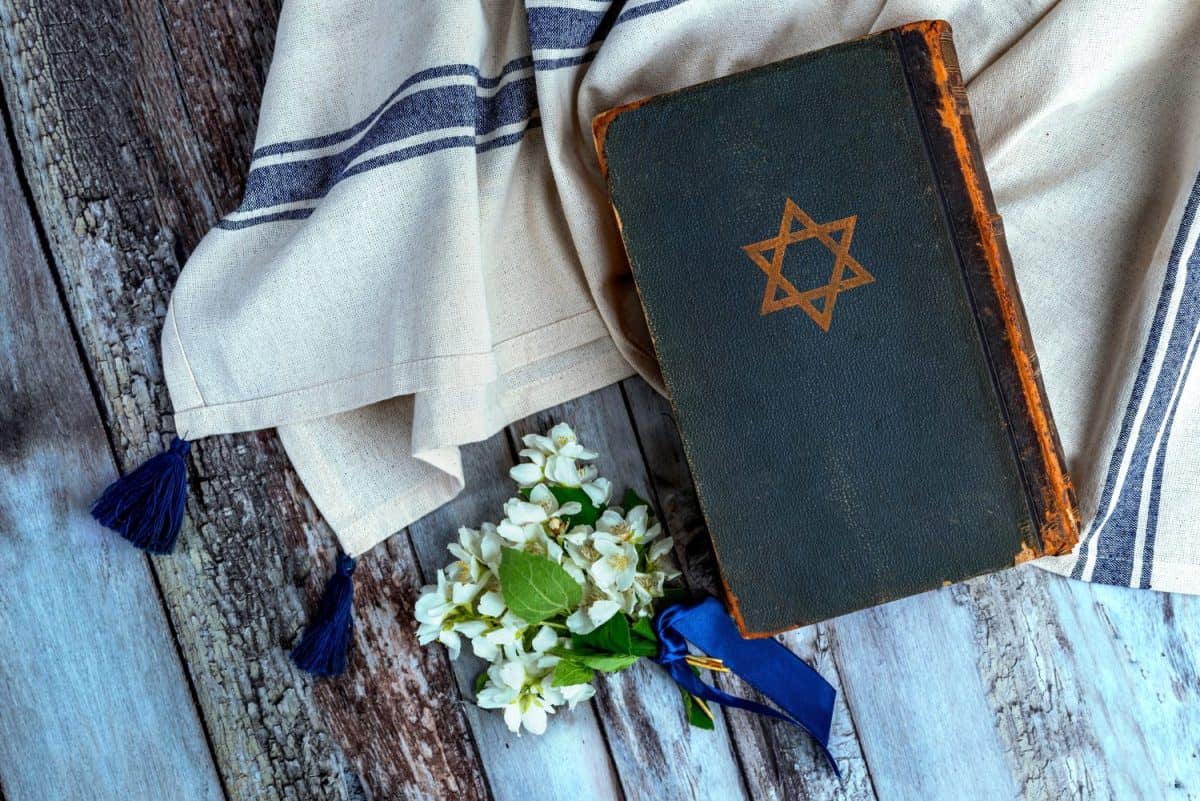 Old book Talmud, Hebrew Rabbinic Judaism, Jewish religious law. Torah, Hebrew Bible. Star of David on a dark cover. Holy Scripture containing the word of God. Antique edition, vintage worn paper.