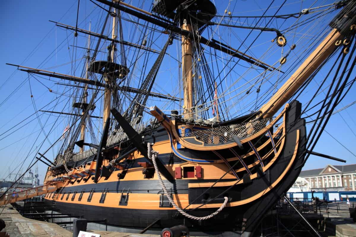 HMS Victory was Admiral Horatio Nelson's flagship at the Battle of Trafalgar in 1805 during the Napoleonic Wars. She is currently in a dry dock at Portsmouth, England ,UK