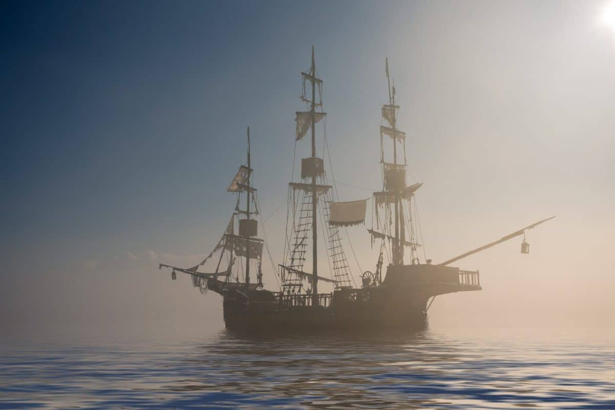 Spooky ghost pirate ship in the fog