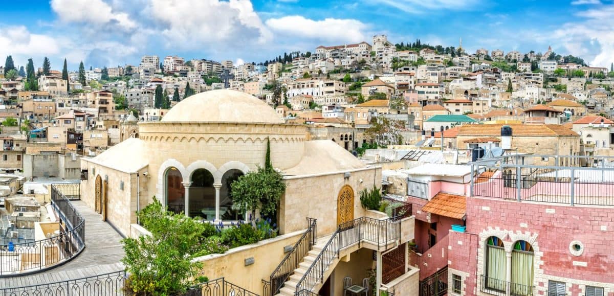 Nazareth city panoramic view. Mary of Nazareth Center. Israel