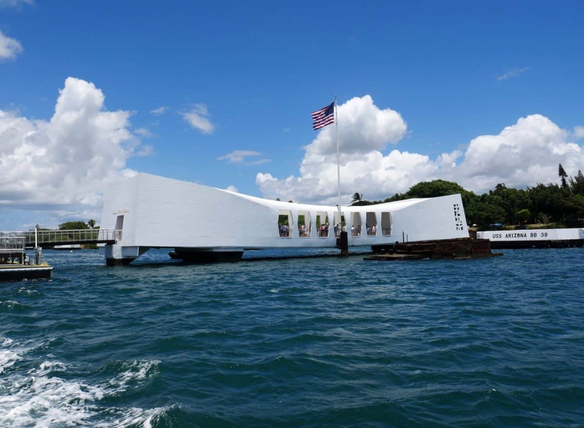 The USS Arizona Memorial at Pearl Harbor on Oahu, Hawaii.