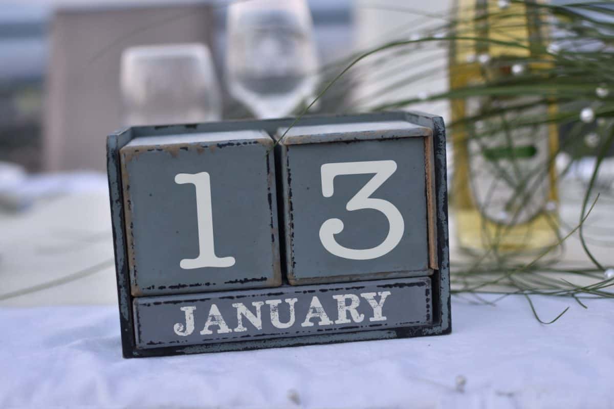 Wood blocks in box with date, day and month 13 January. Wooden blocks calendar