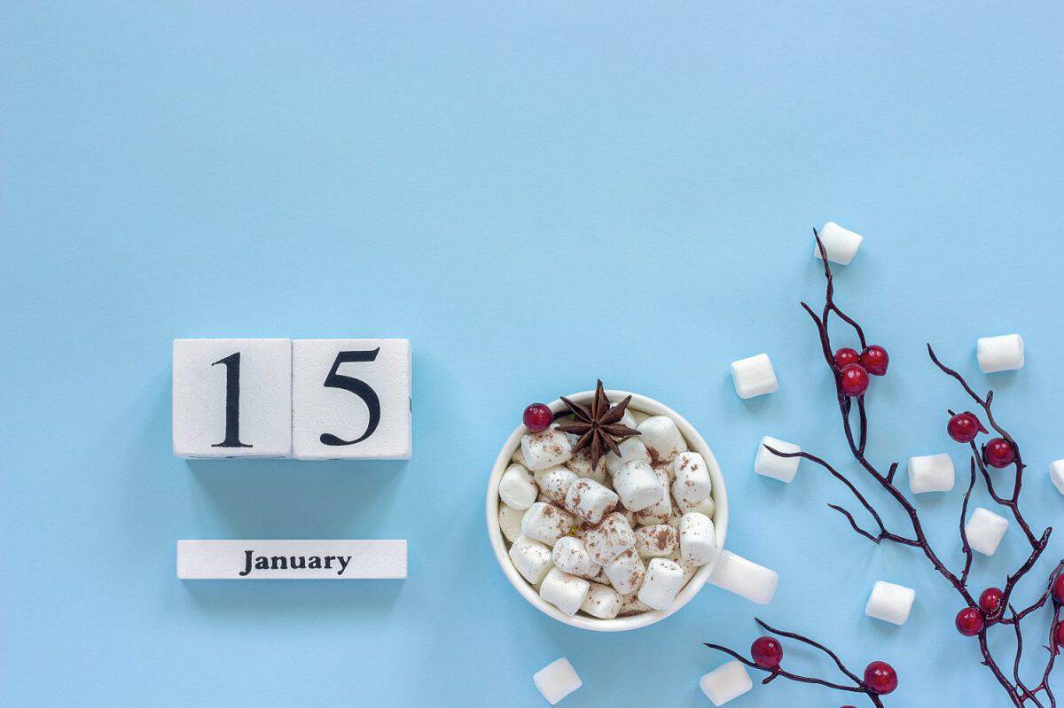 Winter composition. White wooden calendar cubes. Data January 15. Cup of cocoa, marshmallows and decorative branch with red berries on blue background Top view Flat lay Copy space