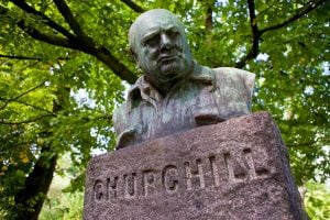 A bust British wartime leader Sir Winston Churchill, located in Churchillparken, also known as Churchill Park, in the city of Copehnagen, Denmark.