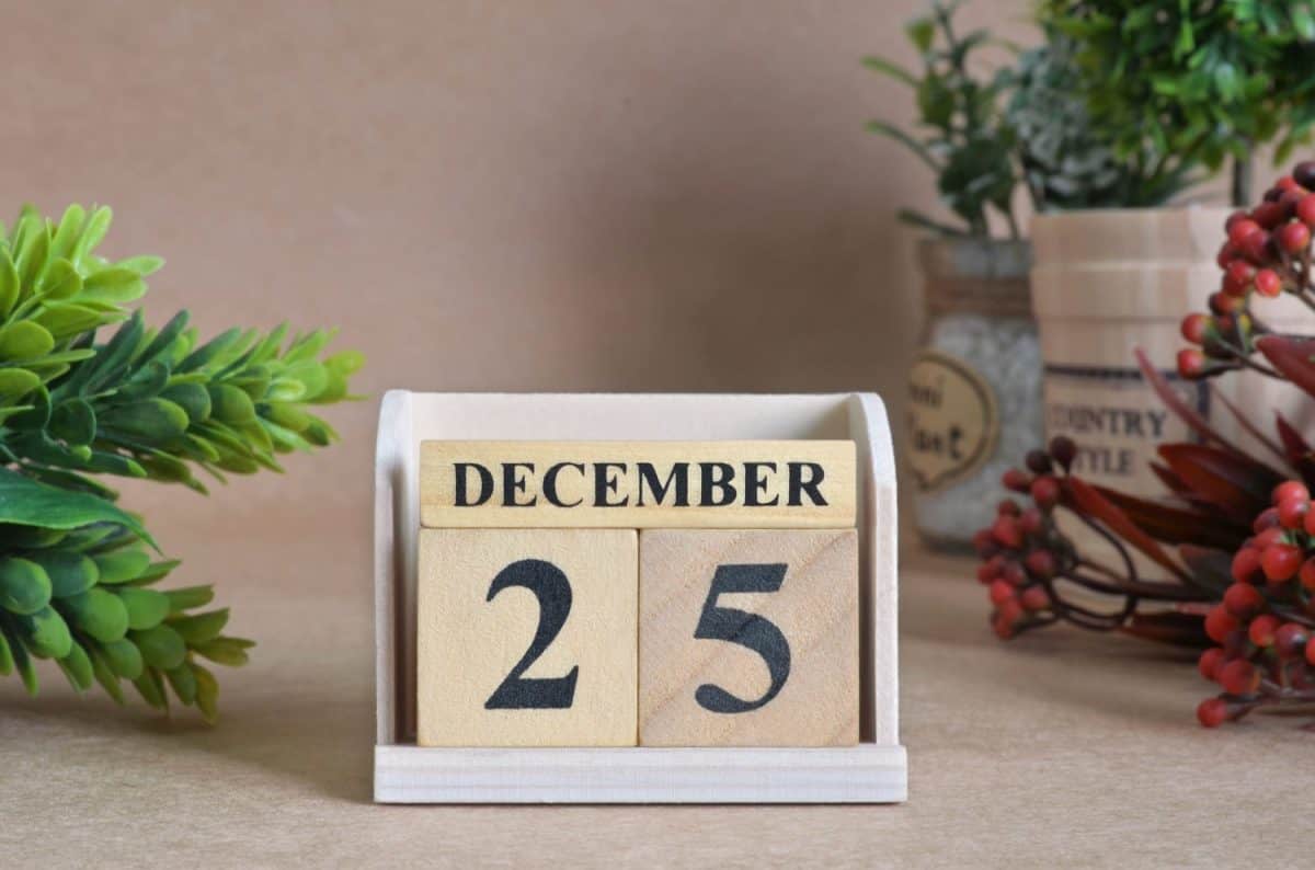 December 25, Vintage natural calendar design with number cube.