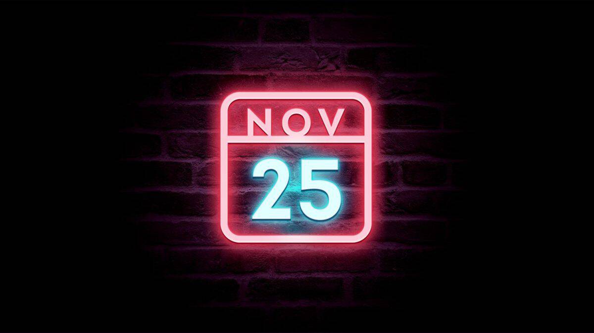 November 25 Calendar on neon effects background blue and red neon lights. Day, month November Calendar on bricks background Neon Sign Light Red Blue
