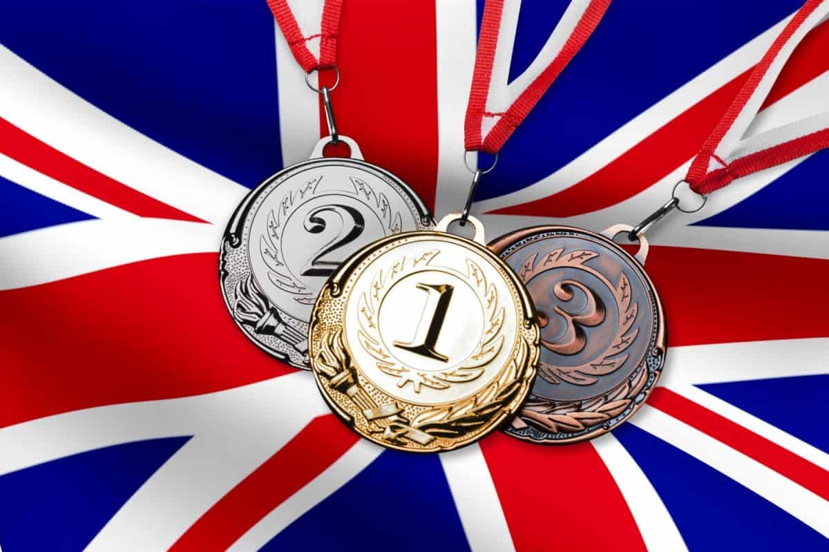 Winner medals of the XXXII Summer Olympic Games 2020 in Tokyo of the flag of Great Britain.