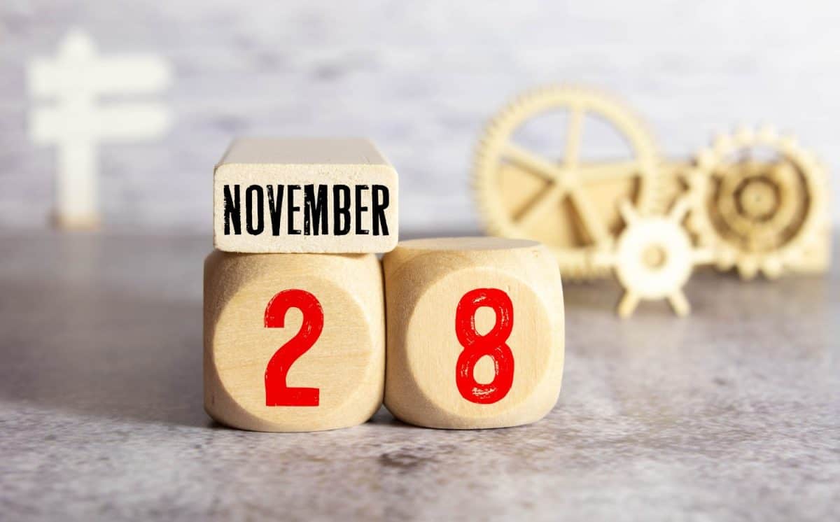 Vintage photo, November 28th. Date of 28 November on wooden cube calendar, copy space for text on board