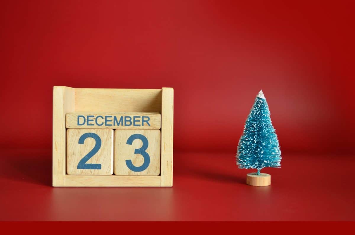 December 23, Calendar design with Christmas tree on red table background.