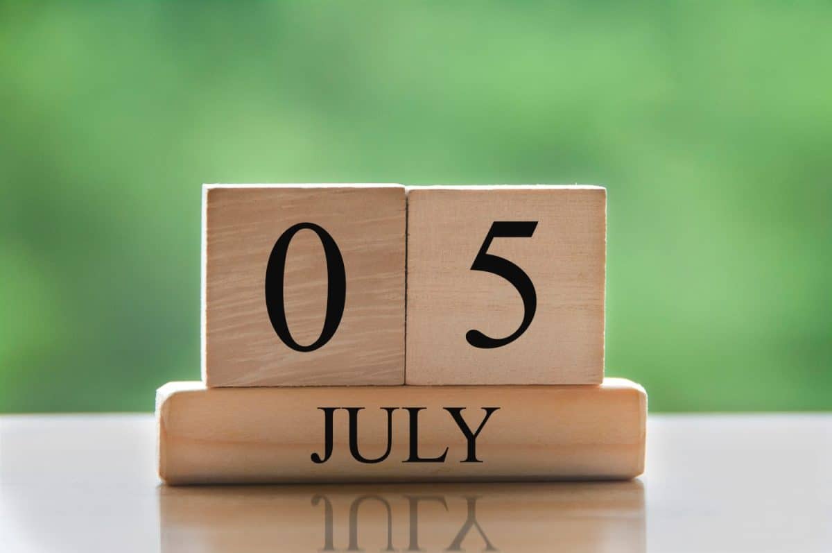 July 5 calendar date text on wooden blocks with blurred background park. Copy space and calendar concept