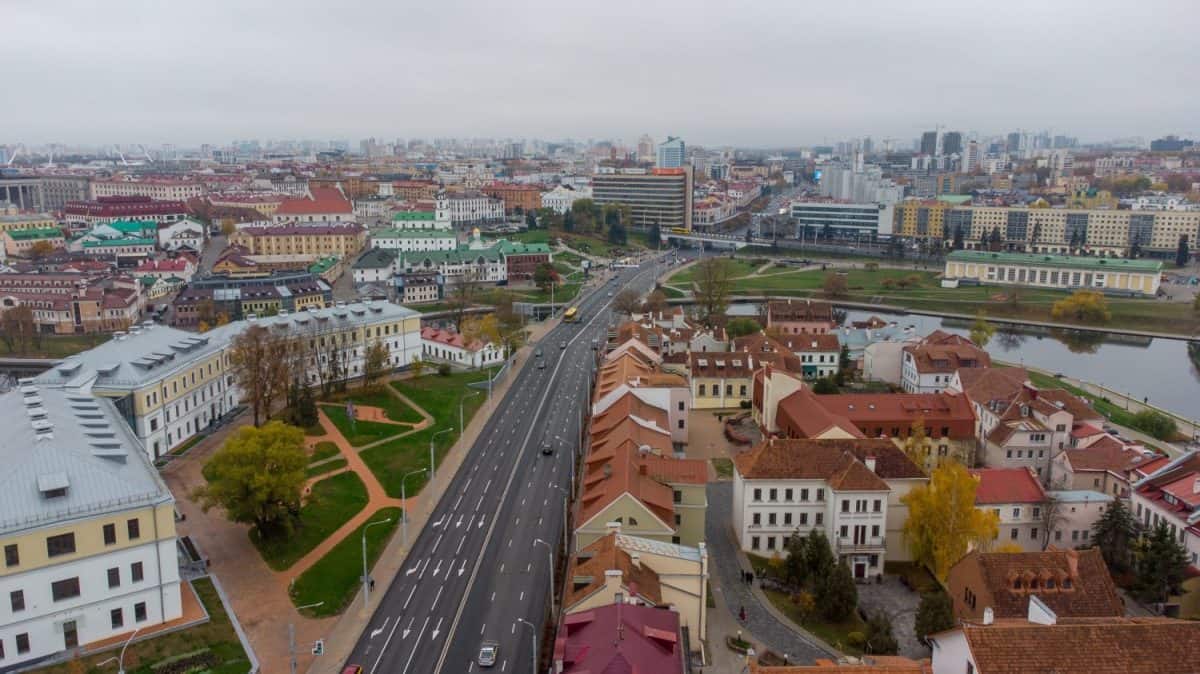 Starotroitskaya square and Trinity estate from above. Streets of Minsk from above. Autumn Minsk. Belarus in autumn, October. Aerial photography, photos of the city of Minsk, Belarus, Trinity estate