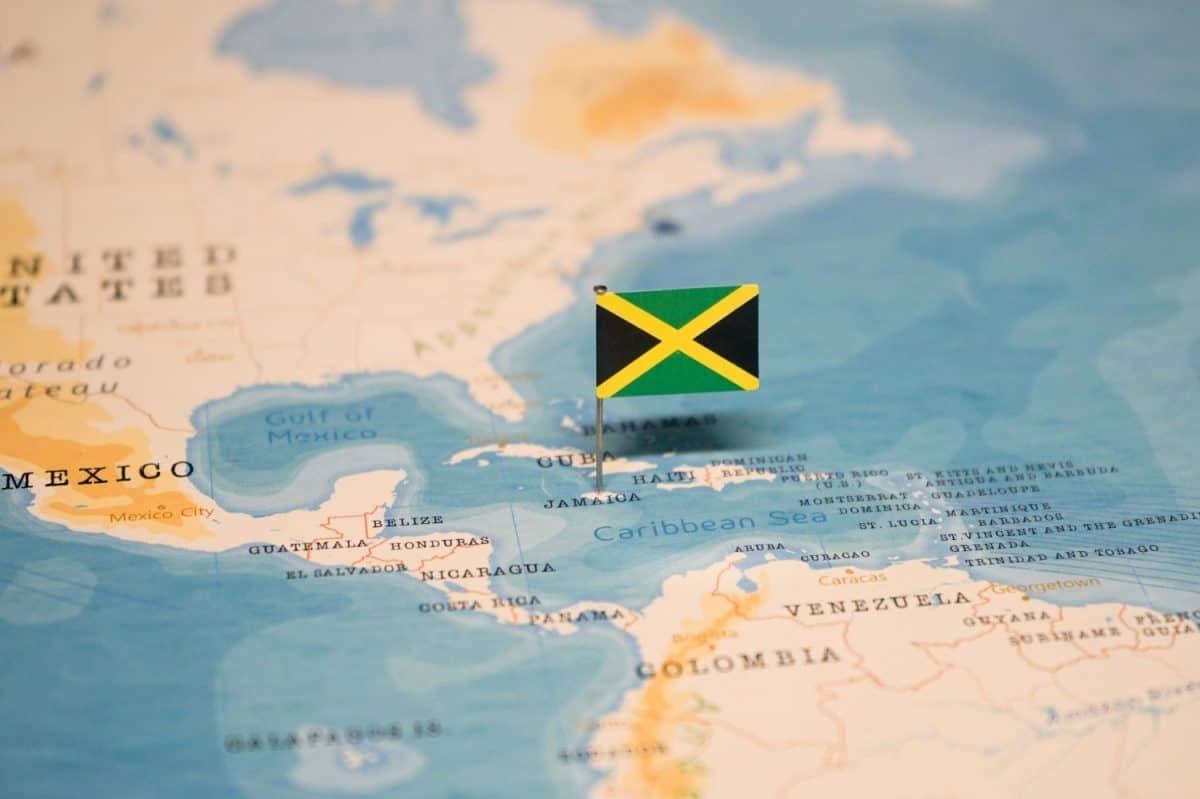 The Flag of Jamaica on the World Map.