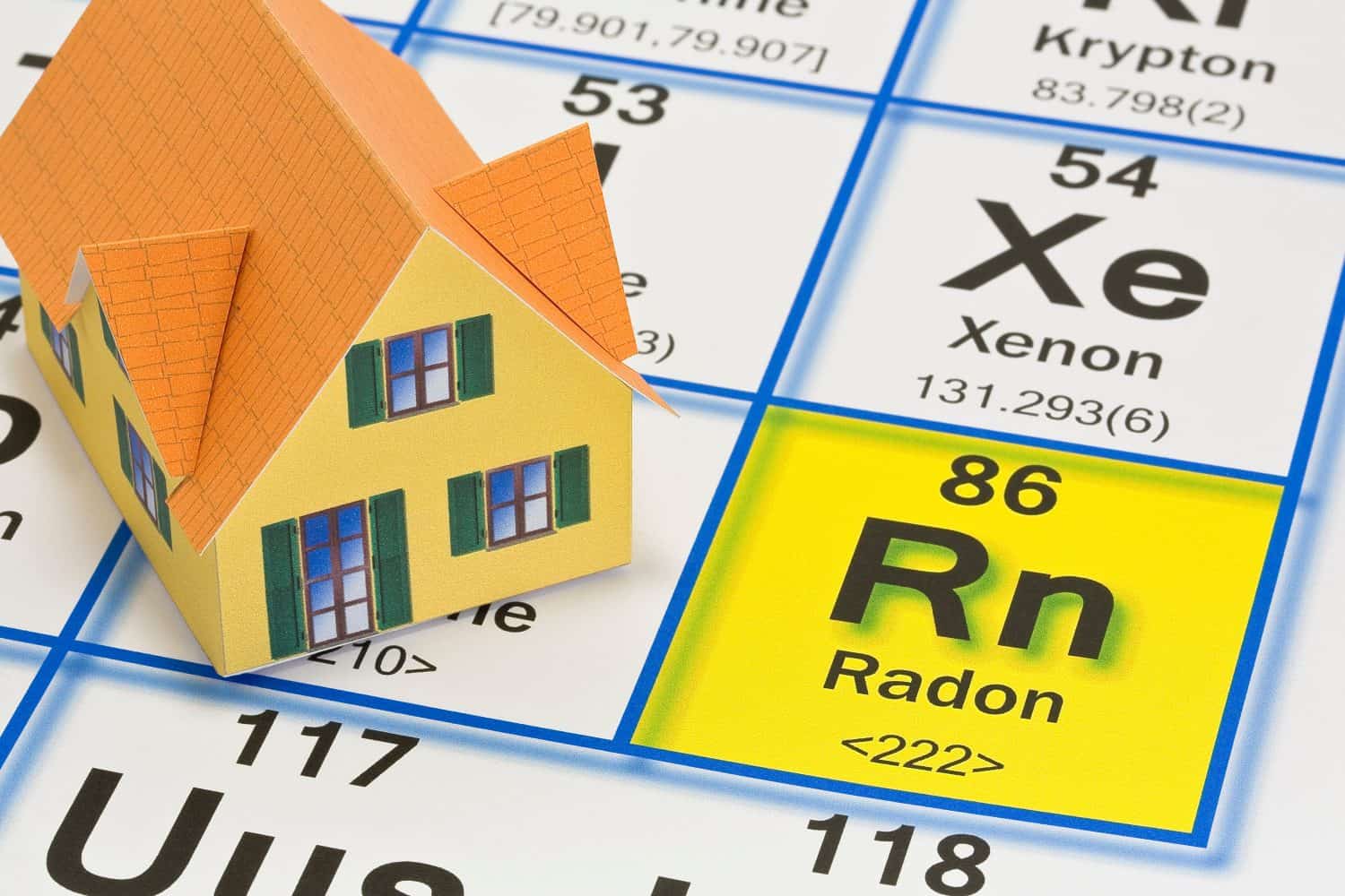 The danger of natural radon gas in our homes - concept with the Mendeleev periodic table of the elements and residential home model