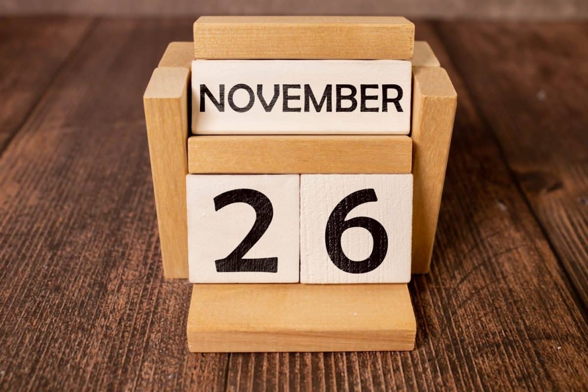 November 26. 26th day of the month, wooden calendar isolated on a white background with shadow.