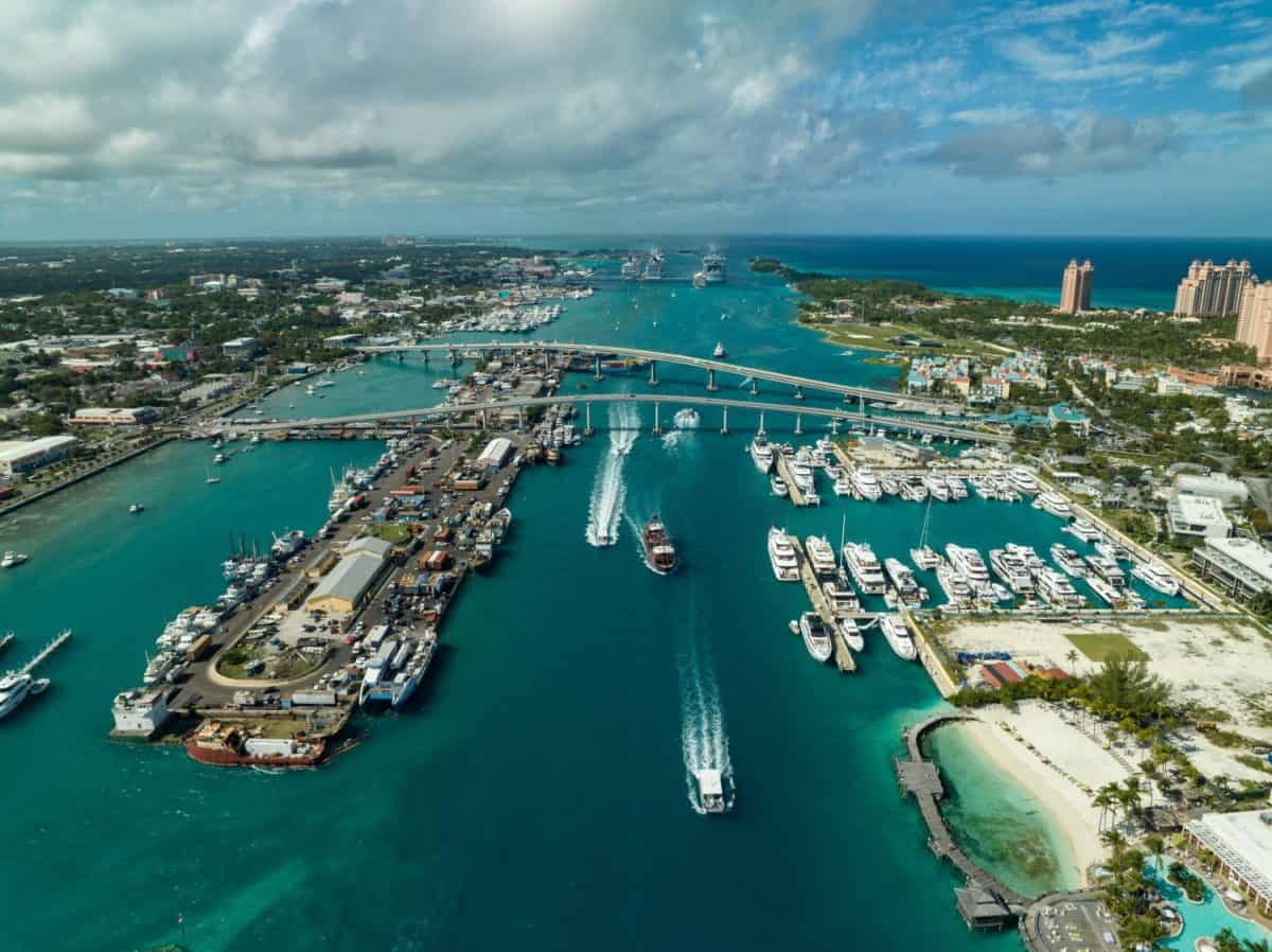 Aerial view: Paradise Island Bridge and Nassau Harbour, New Providence Island, Bahamas.
