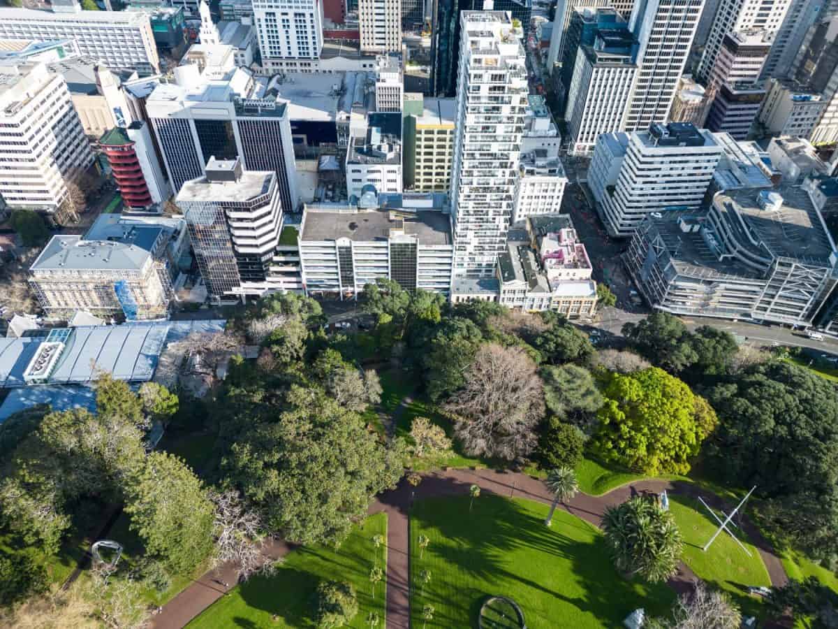 Auckland, New Zealand: Aerial view of Auckland downtown district skyline and the Albert park in New Zealand largest city