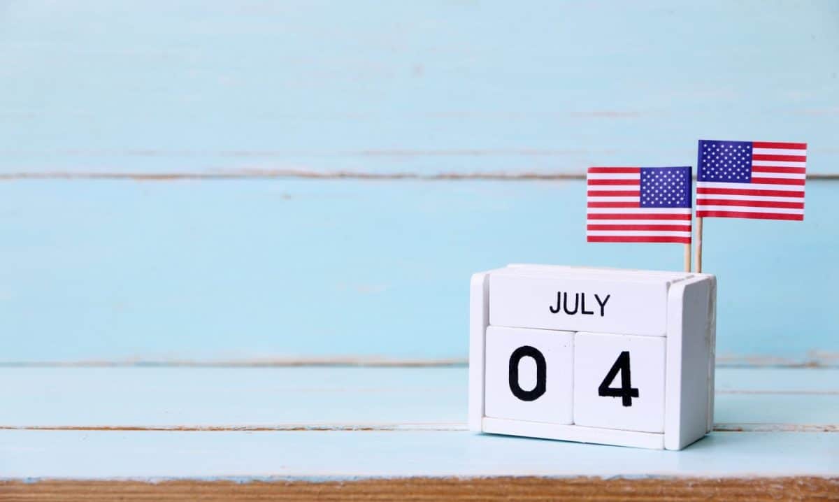 4th of july Wooden calendar and american flags for memorial day or veteran's day background