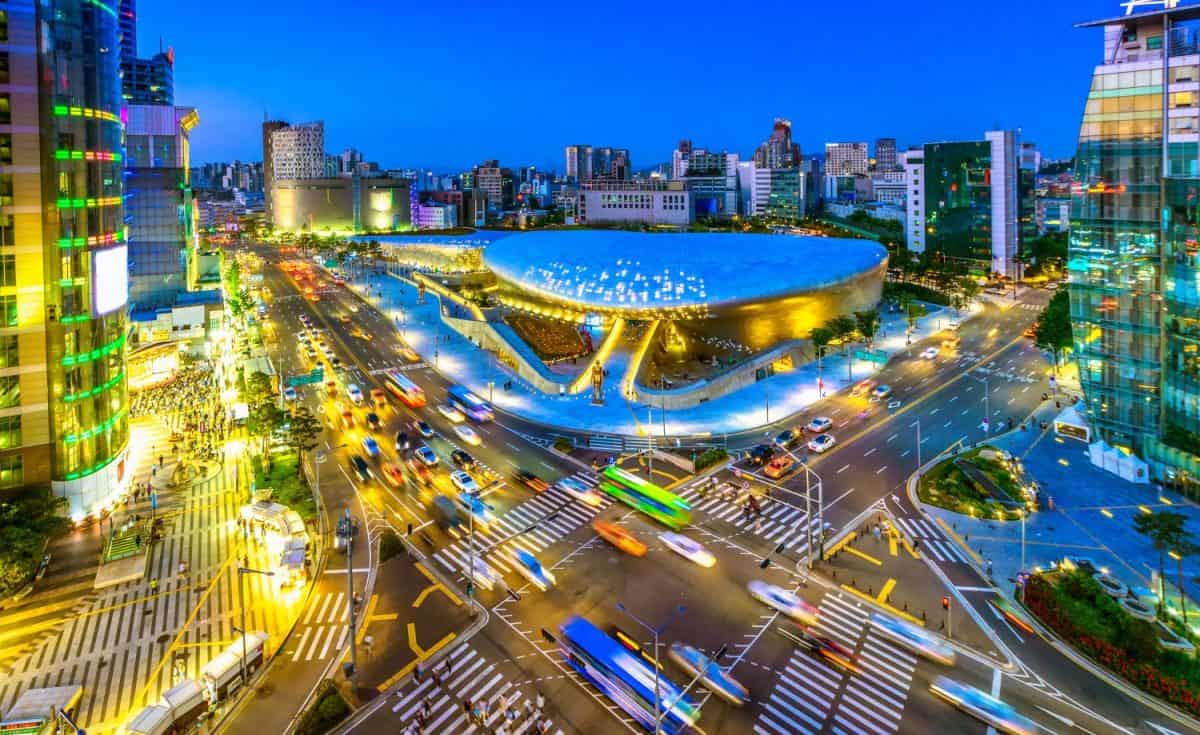 Aerial shot of the Dongdaemun Design Plaza (DDP) at night, Seoul,South Korea.